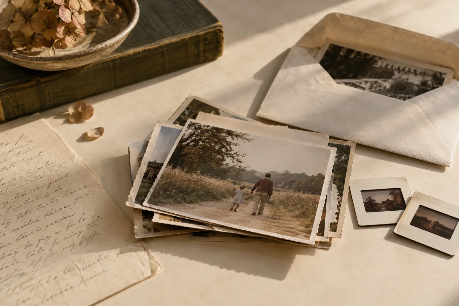 Vintage photographs, slides and letters arranged on a warm paper surface