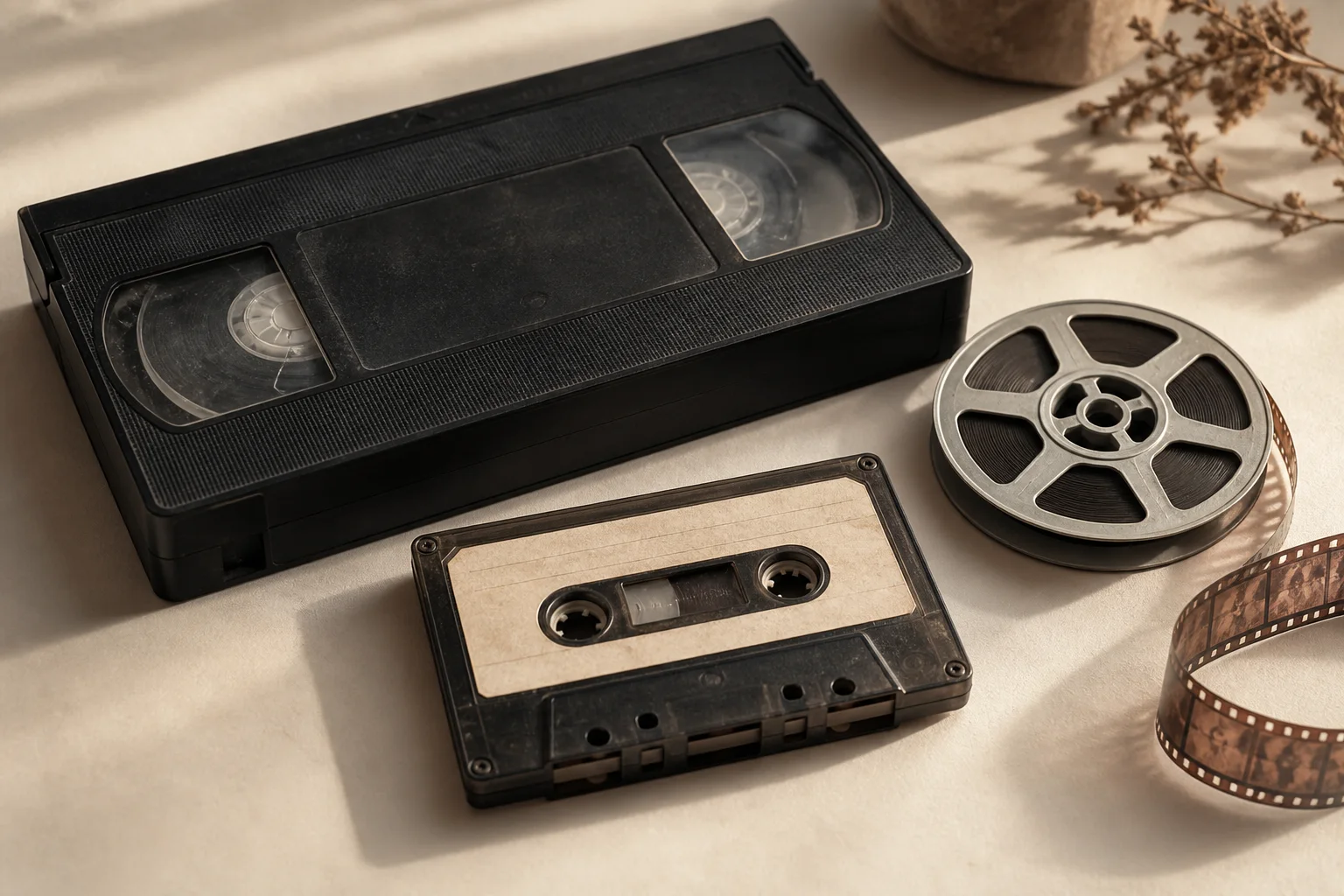 A VHS tape, audio cassette and film reel in a vintage still life
