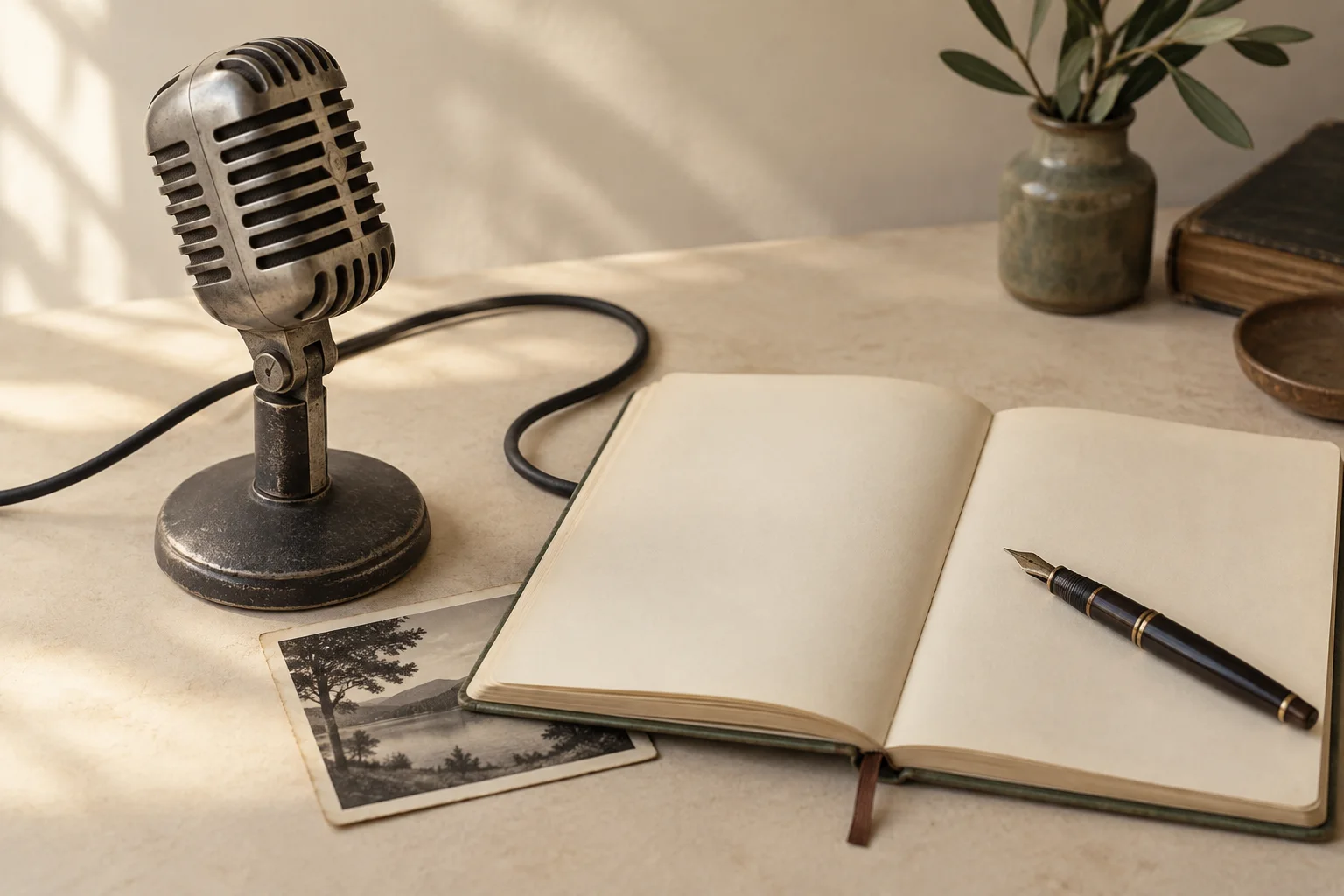 A vintage microphone beside an open notebook and photograph