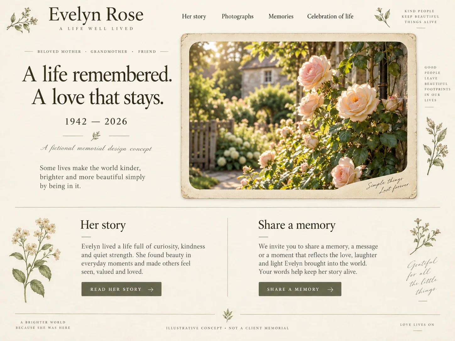 The family album: fictional memorial website concept screenshot — Warm paper tones and botanical details, inspired by the albums we keep close.