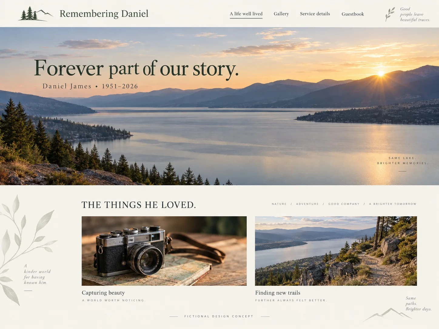 Still waters: fictional memorial website concept screenshot — A peaceful, nature-led design with space to reflect and remember.