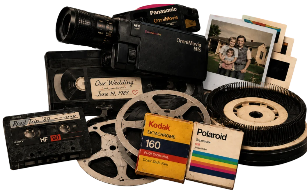 A collection of home movies, family photographs, a camcorder, cassette tapes and film reels