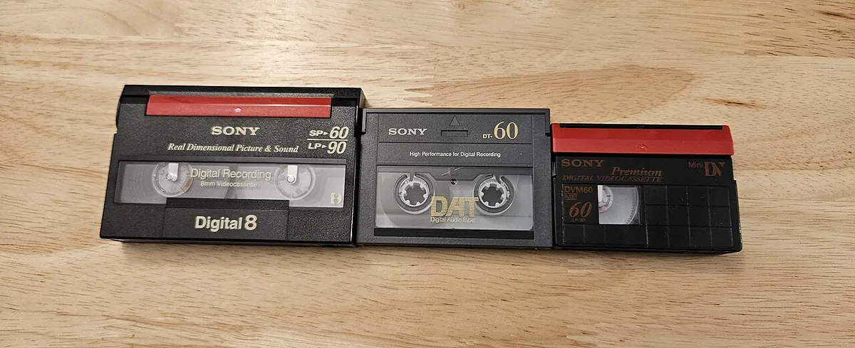 Digital8, DAT and MiniDV cassettes side by side