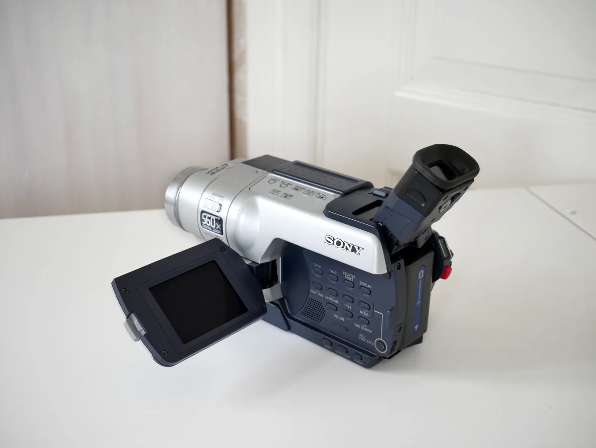 Sony Hi8 camcorder with a flip-out screen, the kind of working playback gear DIY capture depends on