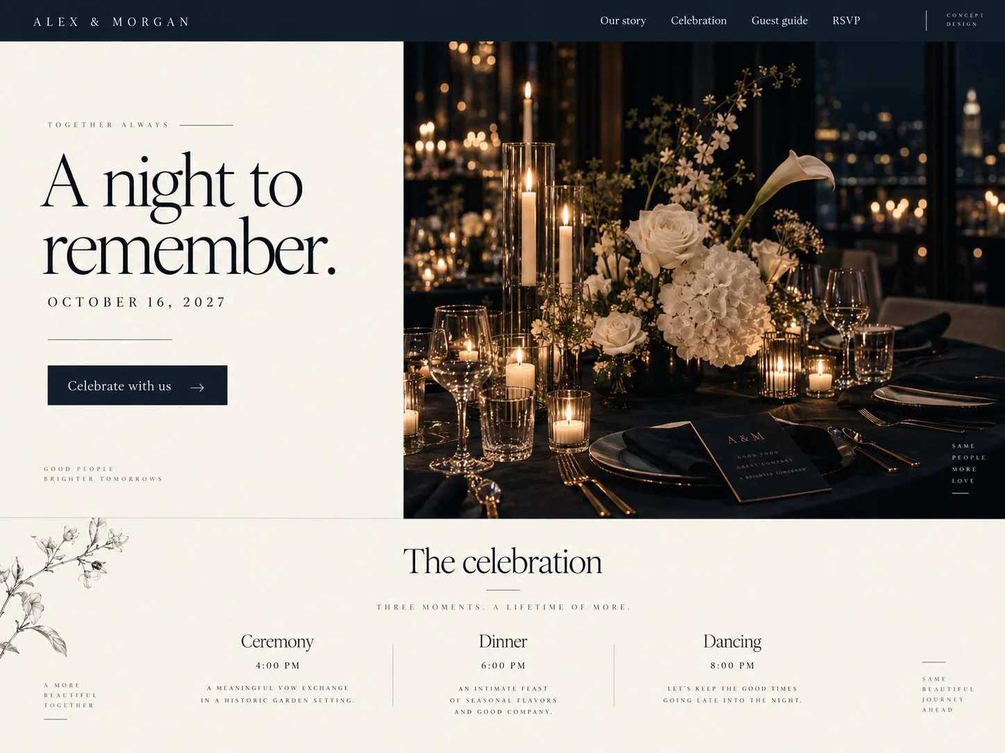 After-dark elegance: fictional wedding website concept screenshot — A quieter, candlelit celebration with a refined editorial feel.