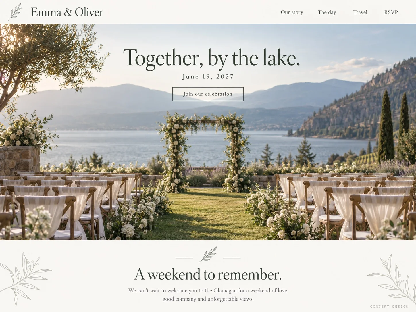 Lakeside romance: fictional wedding website concept screenshot — An airy, botanical design with room for your story and every wedding-weekend detail.
