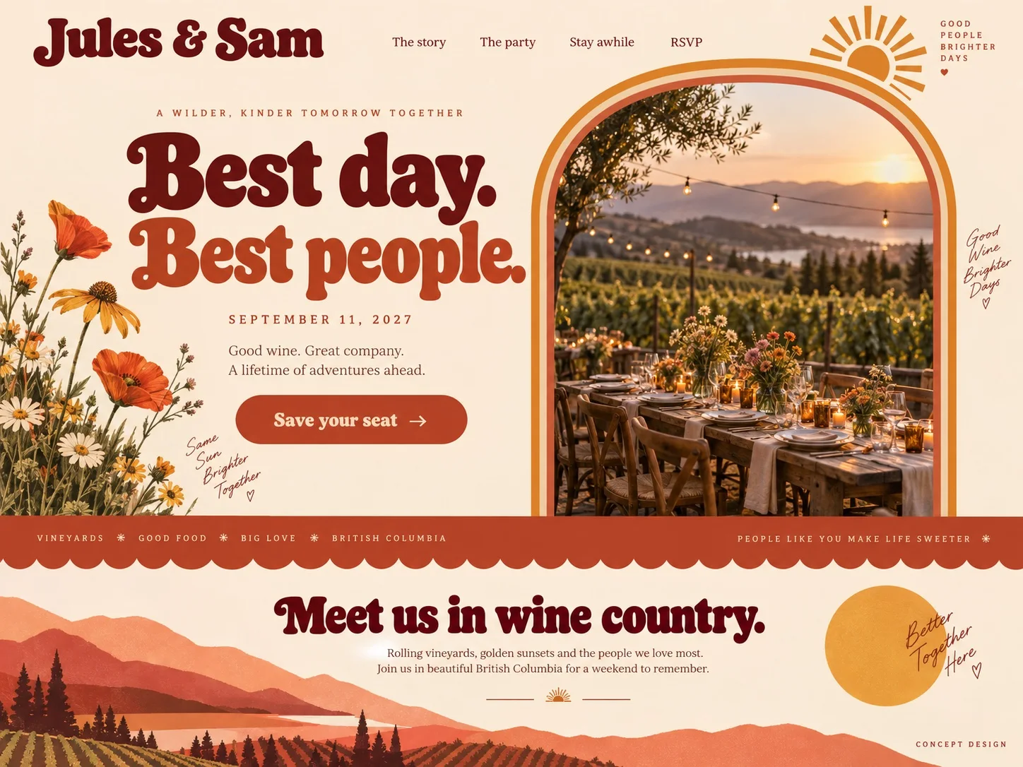Sweet seventies: fictional wedding website concept screenshot — Sunset colours, playful type and a little flower-power charm.